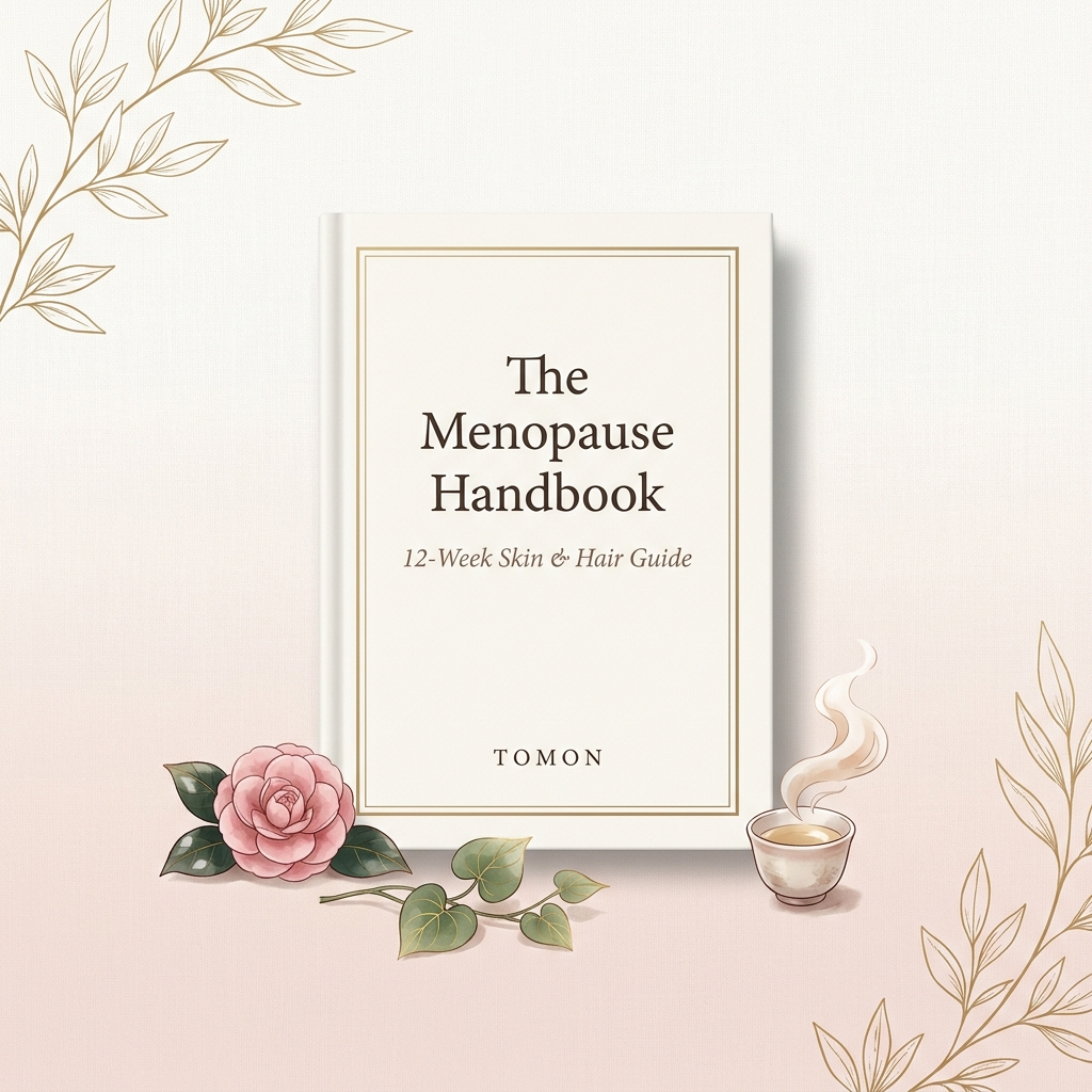 The Menopause Handbook — 12-week skin and hair guide ebook in 1Beauty Box brand colours with camellia, heartleaf and tea accents — Canada