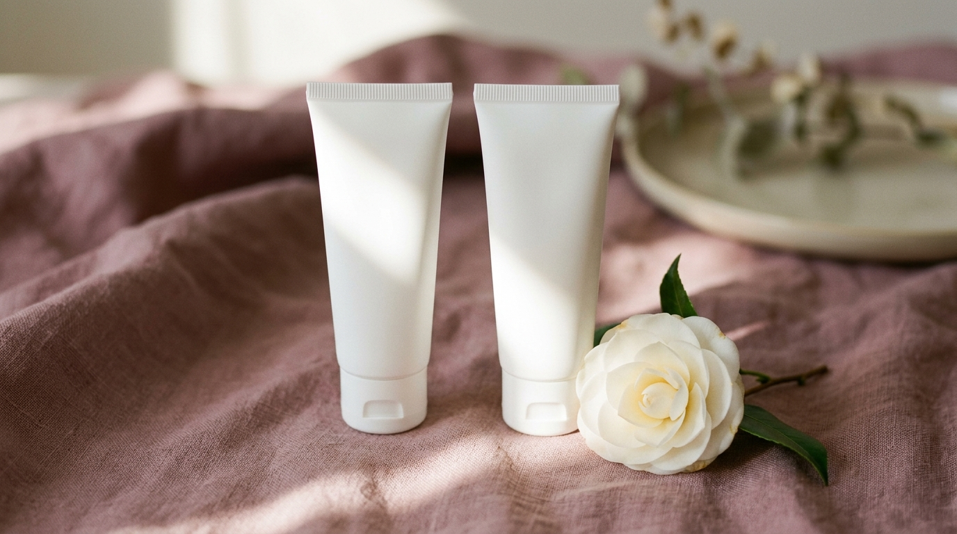 Two minimalist sunscreen tubes side by side on dusty rose linen in soft morning light