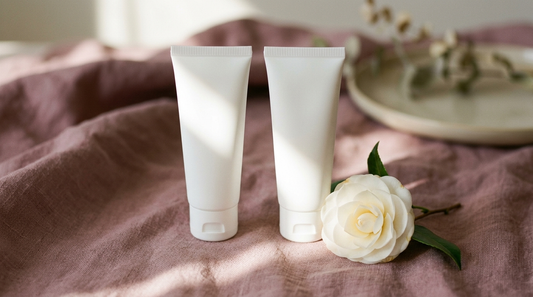 Two minimalist sunscreen tubes side by side on dusty rose linen in soft morning light