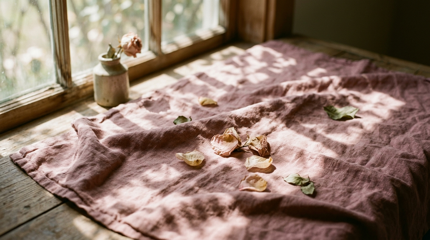 Dappled sunlight falling across dusty rose linen with scattered dried petals, representing sun-caused pigmentation