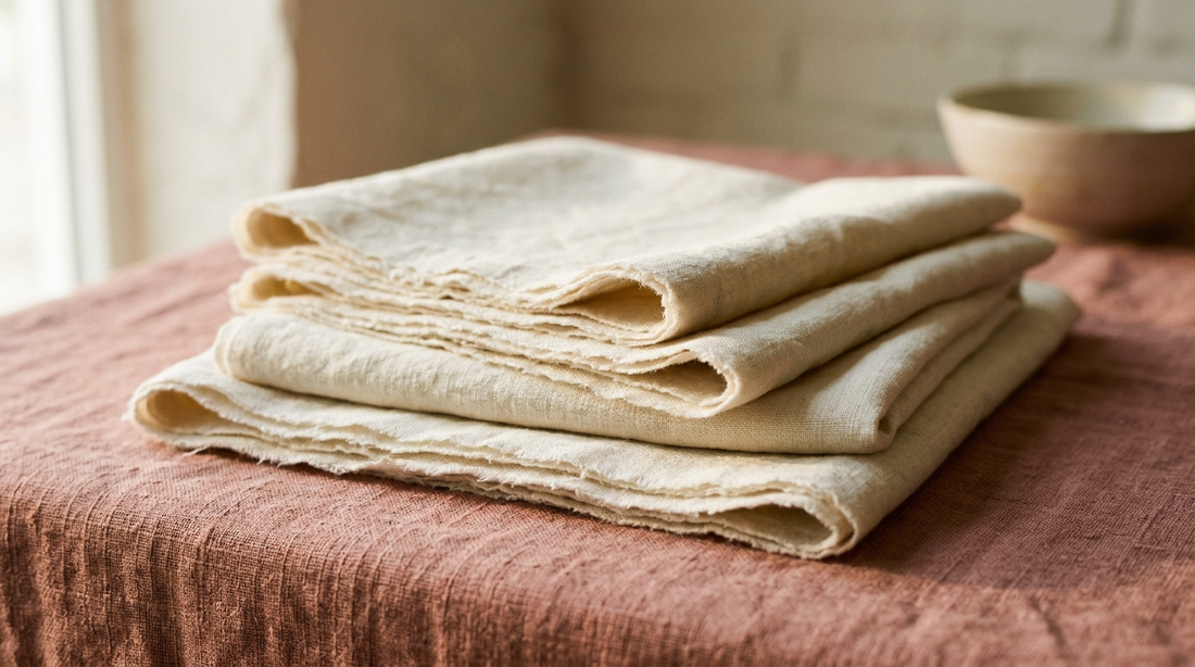 Layered folds of cream linen catching raking light, representing the layered structure of the skin barrier