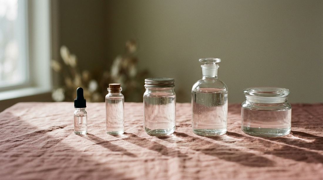 Five glass vessels of ascending size in a row casting soft shadows, representing skincare layered thinnest to thickest