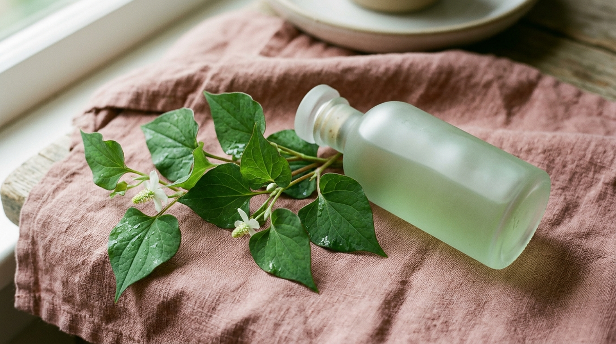 Fresh heartleaf houttuynia sprigs beside a pale green frosted glass bottle on dusty rose linen, representing Anua Heartleaf
