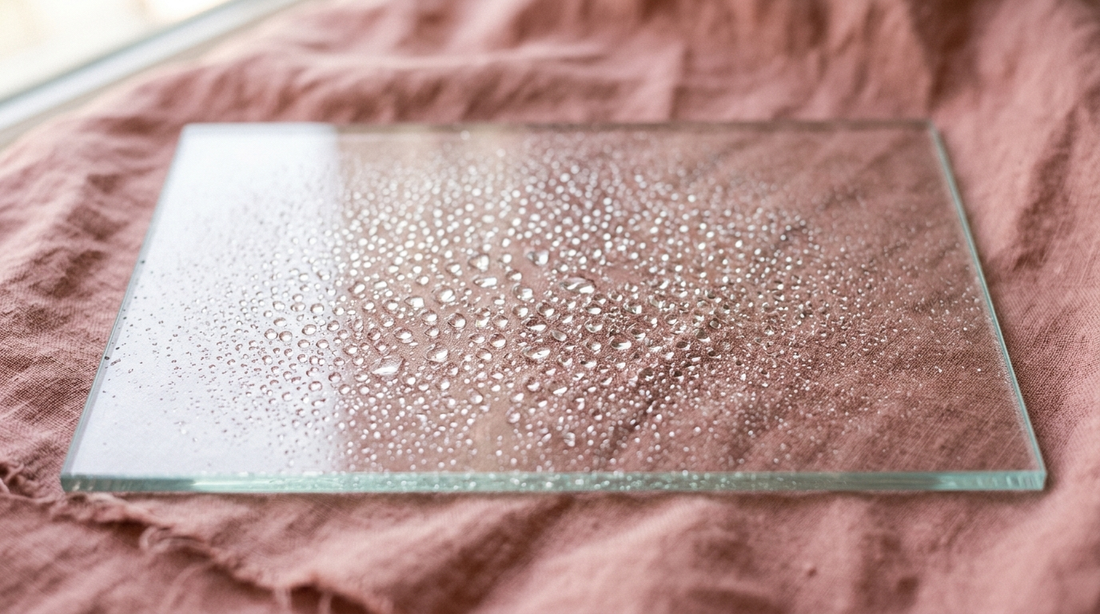 A pane of glass beaded with water droplets refracting light on dusty rose linen, representing the glass skin look