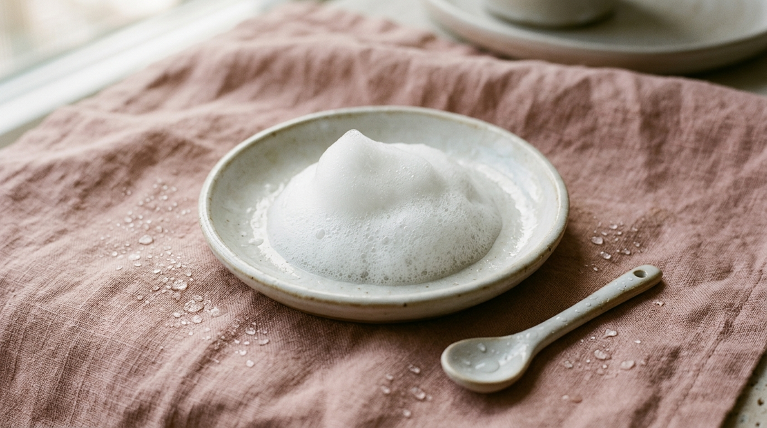 Soft white cleansing foam in a pale ceramic dish with water droplets on dusty rose linen
