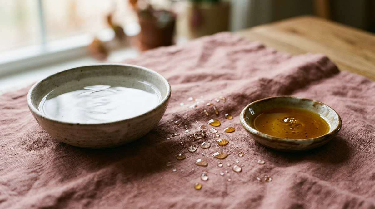 A bowl of clear water beside a dish of golden oil on dusty rose linen, representing the two steps of double cleansing