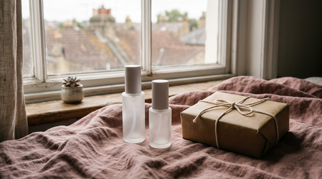 A wrapped parcel and unbranded skincare bottles by a window overlooking blurred city rooftops, representing GTA delivery