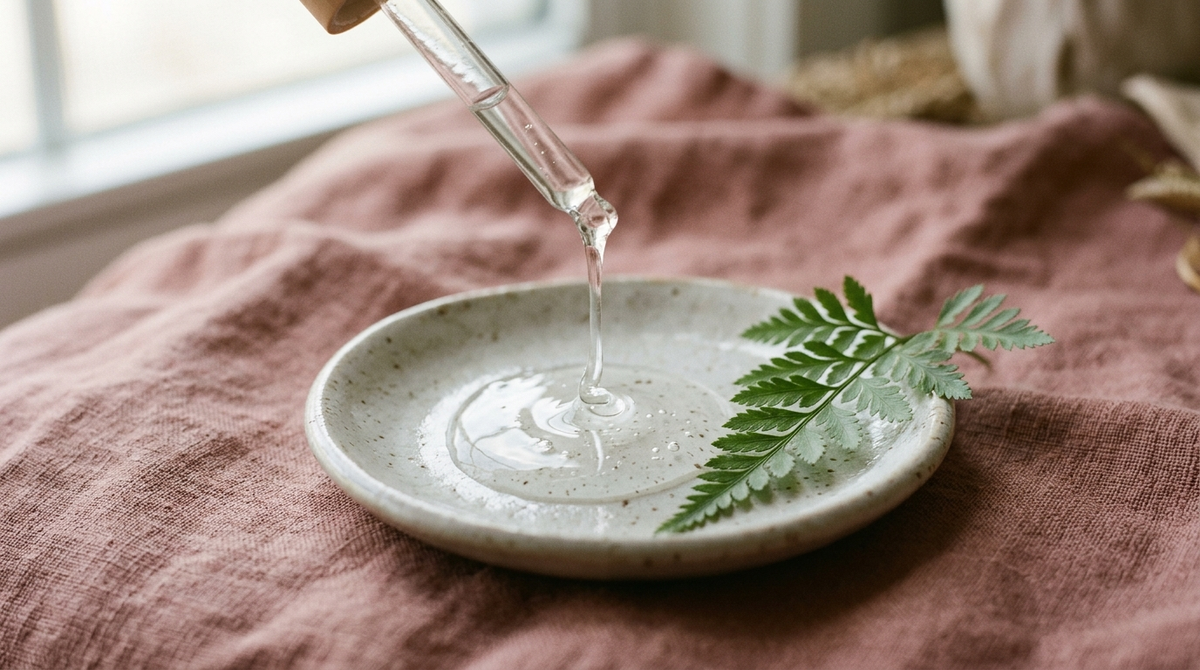 Glass dropper releasing a thick clear gel onto a ceramic dish beside a fern frond, illustrating snail mucin texture