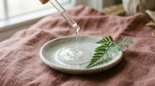 Glass dropper releasing a thick clear gel onto a ceramic dish beside a fern frond, illustrating snail mucin texture