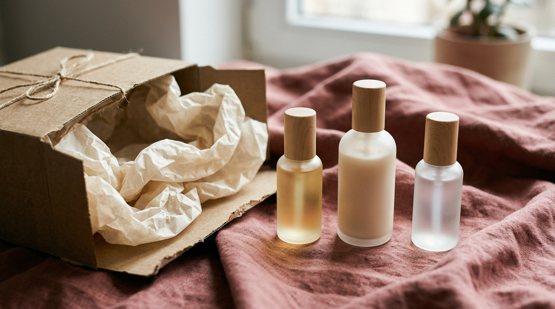 Open parcel with tissue paper and unbranded skincare bottles on dusty rose linen, representing Korean skincare shipped within Canada