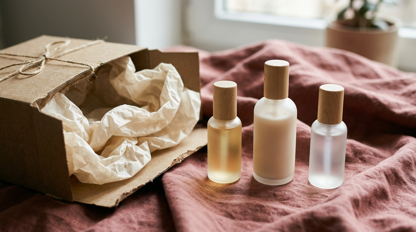Open parcel with tissue paper and unbranded skincare bottles on dusty rose linen, representing Korean skincare shipped within Canada