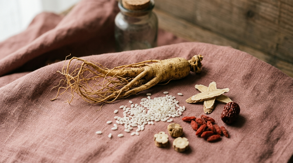 Ginseng root, scattered rice grains and dried botanicals on dusty rose linen, representing Beauty of Joseon hanbang ingredients