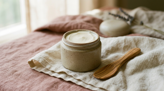 An open jar of pale cream with a wooden spatula on folded linen, representing a minimal barrier repair routine