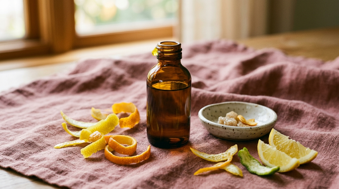 An amber glass bottle with a bright droplet beside fresh citrus peel, representing a vitamin C essence
