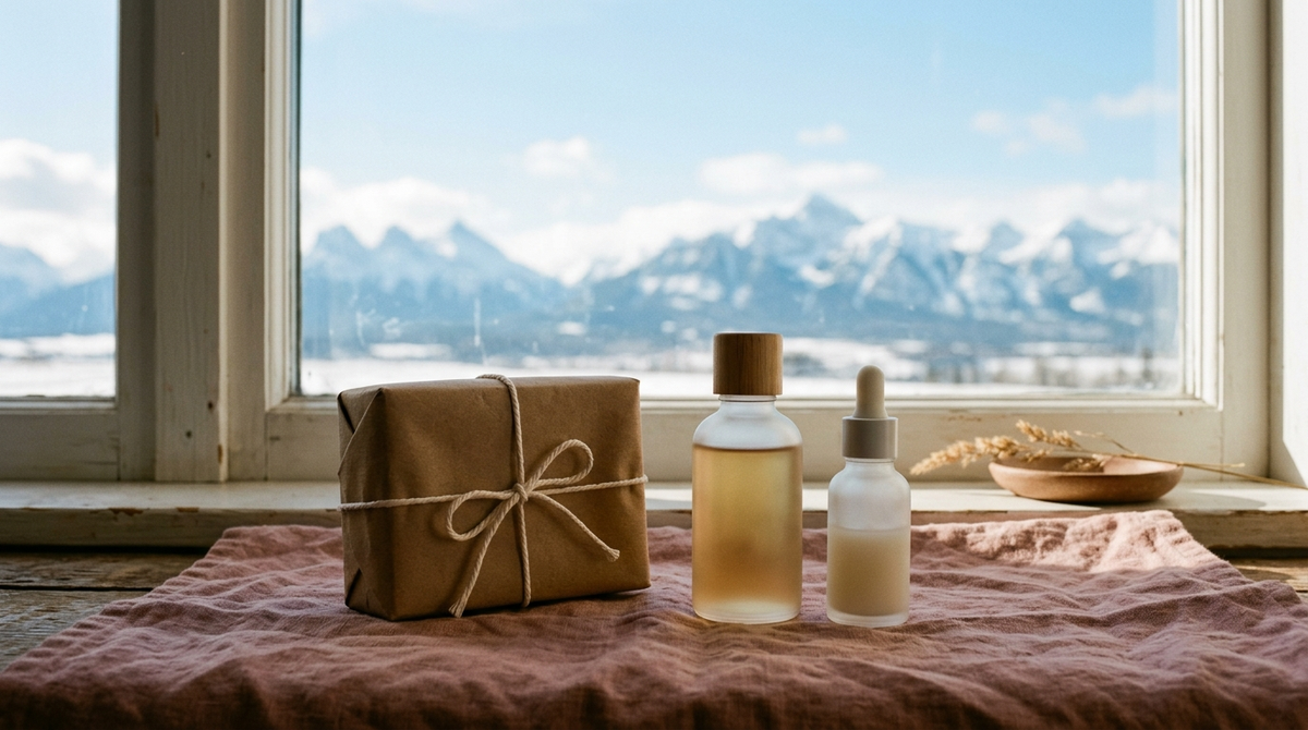 A wrapped parcel and skincare bottles by a window with distant snow-capped mountains, representing delivery to Calgary