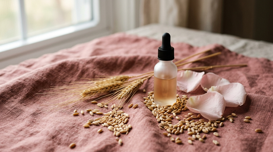 Barley and wheat grains beside pale rose petals and a glass dropper bottle, representing azelaic acid derived from grains