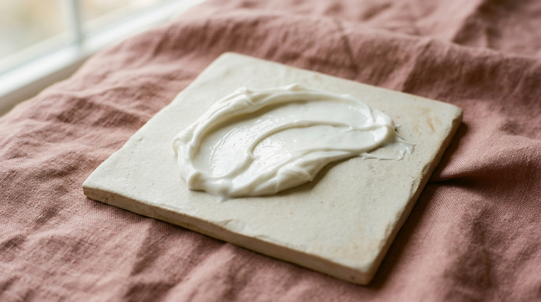 A thick swirl of rich white moisturising cream swatched across a pale ceramic tile on dusty rose linen