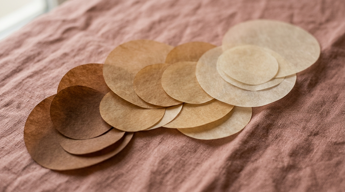 Overlapping translucent circles graduating from dark tan to pale, representing dark spots fading over time