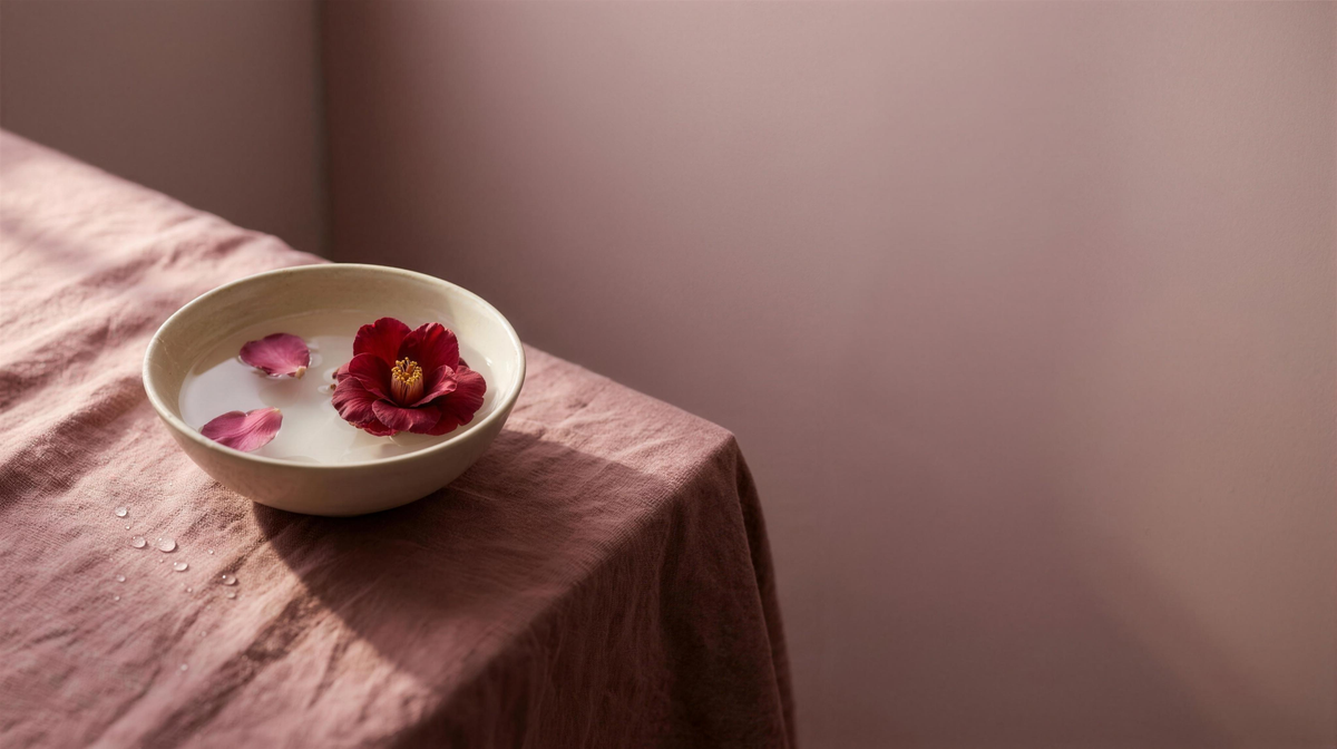 Ceramic bowl of water with a floating camellia on dusty rose linen, soft morning light