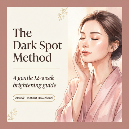 The Dark Spot Method eBook — gentle 12-week Japanese and Korean brightening guide, instant digital download — illustrated key visual with serene woman, 1Beauty Box Canada
