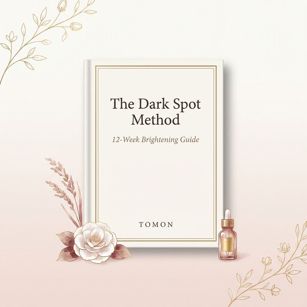 The Dark Spot Method — 12-week brightening guide ebook in 1Beauty Box brand colours with delicate camellia, rice stalk and gold botanical accents — Canada