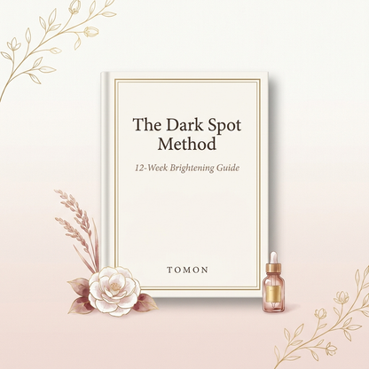 The Dark Spot Method — 12-week brightening guide ebook in 1Beauty Box brand colours with delicate camellia, rice stalk and gold botanical accents — Canada