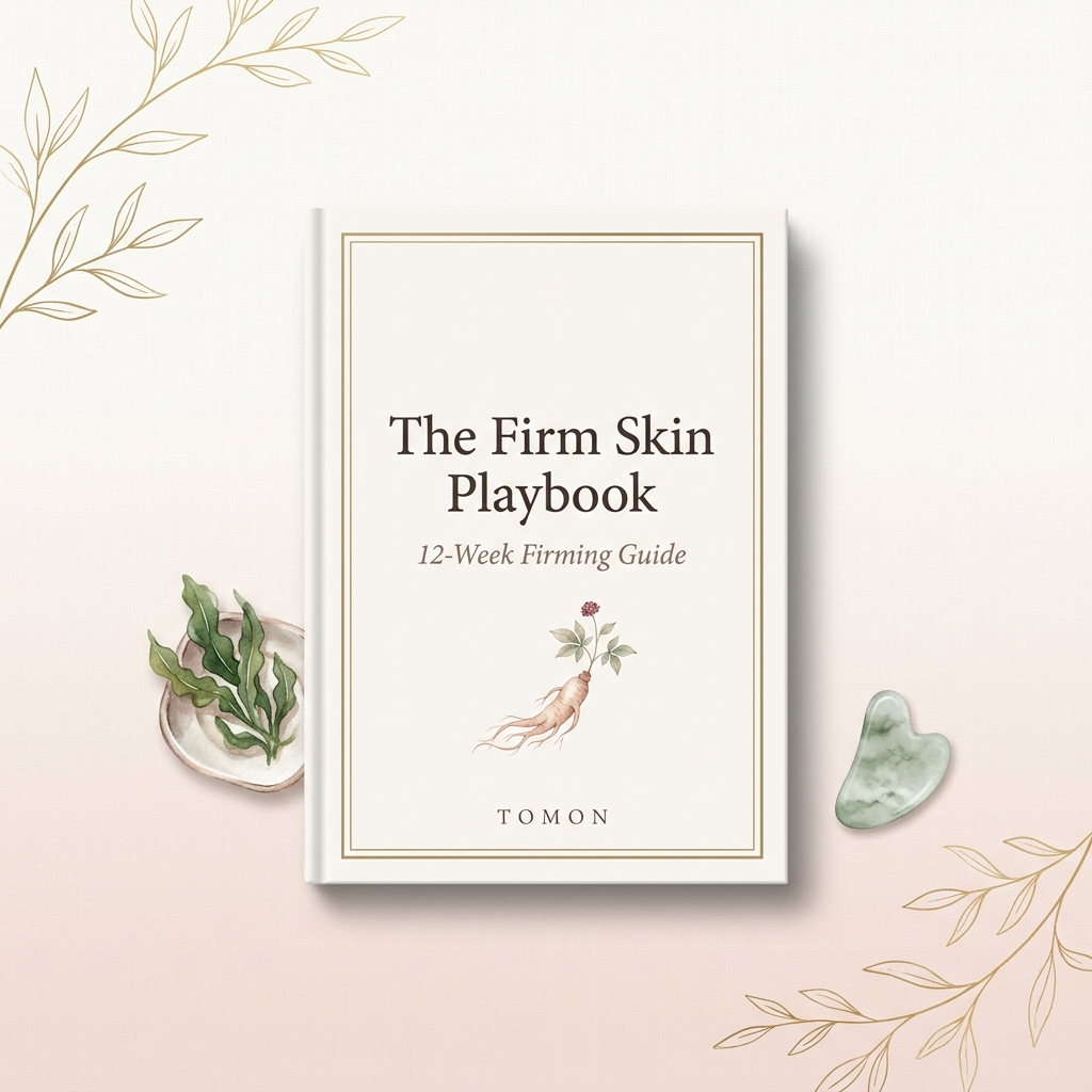 The Firm Skin Playbook — 12-week firming guide ebook in 1Beauty Box brand colours with ginseng root, wakame and jade stone accents — Canada