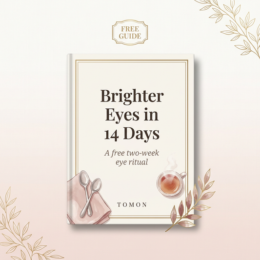 Brighter Eyes in 14 Days — free two-week eye ritual guide ebook in 1Beauty Box brand colours with cool spoons and tea accents — Canada